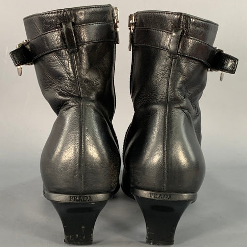 PRADA Size 7 Black Leather Kitten Heel Side Zipper Belted Ankle Boots