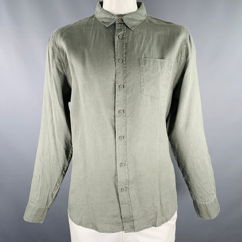 ONIA Size XL Green Olive Linen One Pocket Long Sleeve Shirt