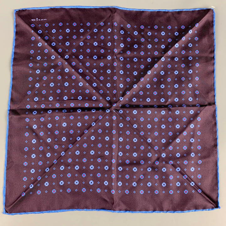 KITON Brown Blue Abstract Floral Silk Pocket Square