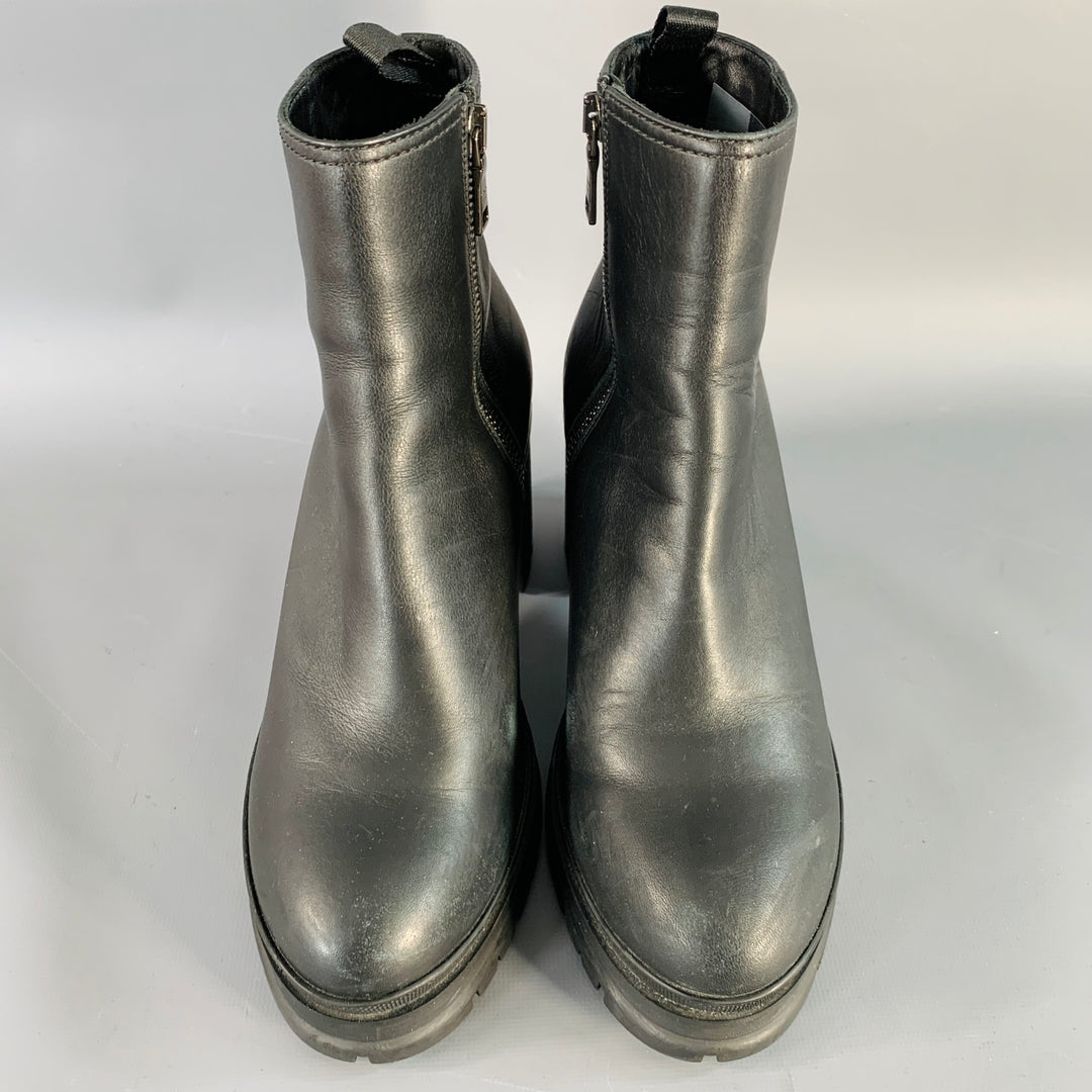 PRADA Size 6 Black Leather Tread Sole Stacked Heel Boots