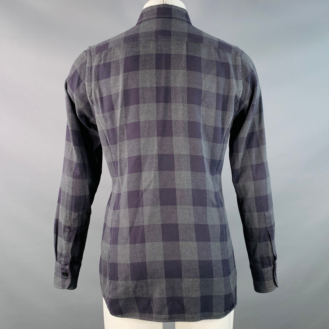 TOM FORD Size S Navy Grey Checkered Cotton Button Down Collar Long Sleeve Shirt