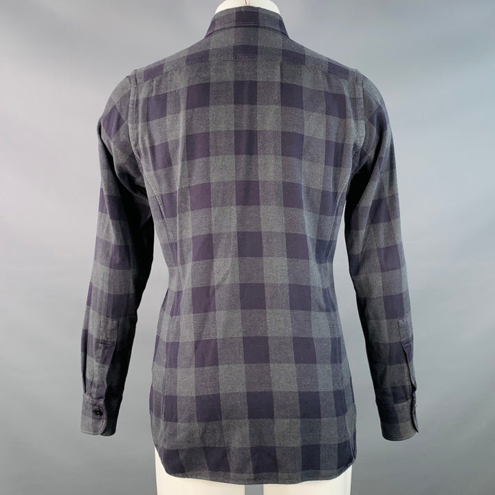 TOM FORD Size S Navy Grey Checkered Cotton Button Down Collar Long Sleeve Shirt