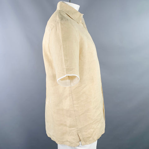 BRIONI Size XL Beige White Contrast Trim Linen One Pocket Short Sleeve Shirt