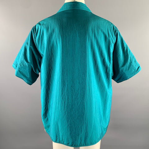 JIL SANDER Size XL Teal Polyamide Silk Camp Short Sleeve Shirt