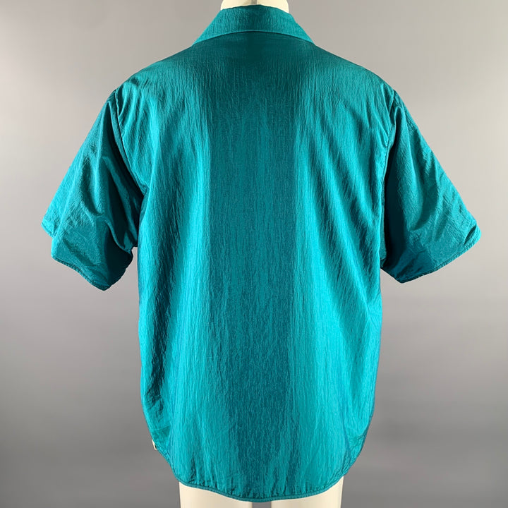 JIL SANDER Size XL Teal Polyamide Silk Camp Short Sleeve Shirt