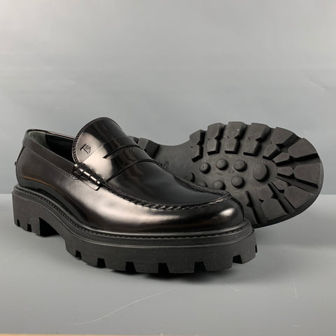 TOD'S Talla 11.5 Mocasines con suela deportiva de cuero macizo negro