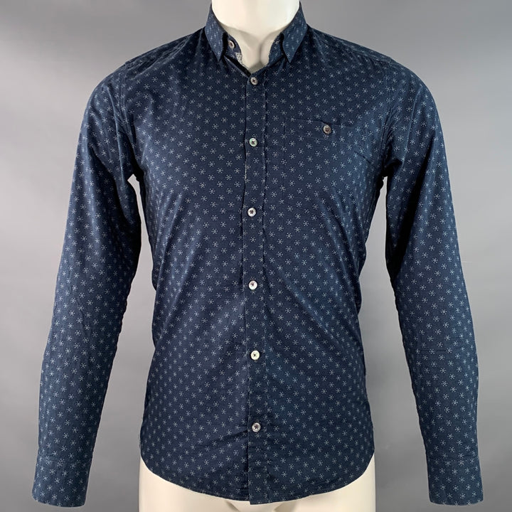TED BAKER Size XS Hexwiz Navy White Circles Cotton One Pocket Long Sleeve Shirt