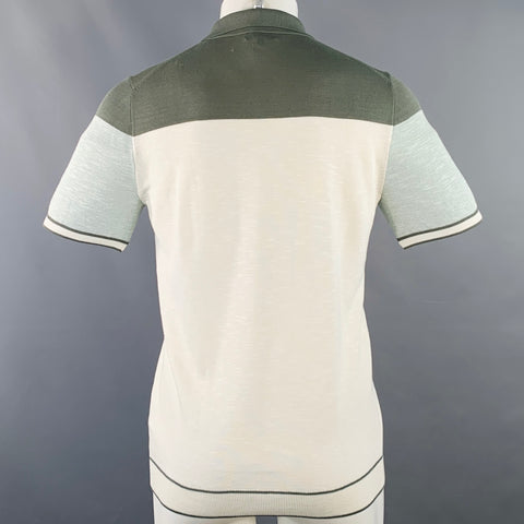 REISS Size S Gerrard Cream Green Color Block Cotton Blend Half Placket Polo