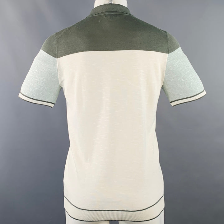 REISS Size S Gerrard Cream Green Color Block Cotton Blend Half Placket Polo