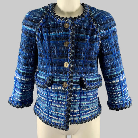 CHANEL Cruse 2018 Size 6 Blue Light Blue Cotton Blend Stripe Jacket