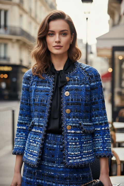 Blue textured jacket on a mannequin against a gray background