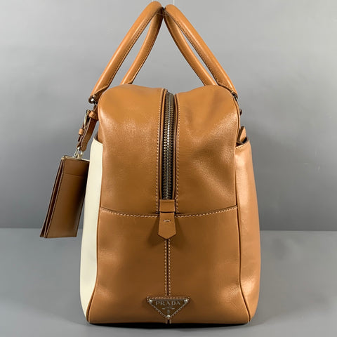 PRADA Tan Cream Color Block Leather Overnight Bags