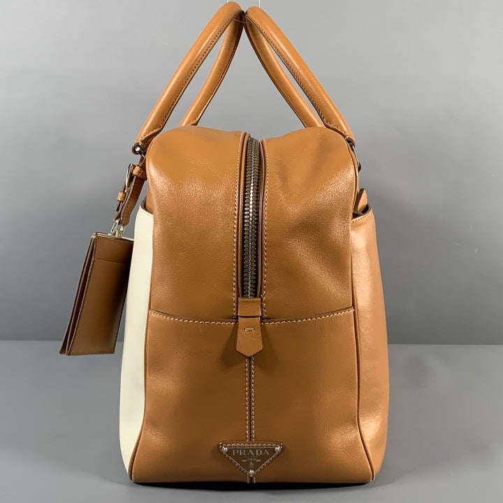 PRADA Tan Cream Color Block Leather Overnight Bags