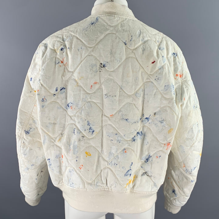 JOHN ELLIOTT Size XL White Navy Paint Splatter Cotton Bomber Jacket