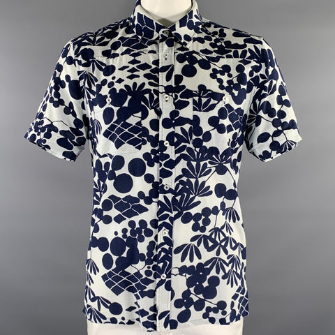 MR TURK Size L Blue White Floral Rayon Cotton Cutaway Short Sleeve Shirt