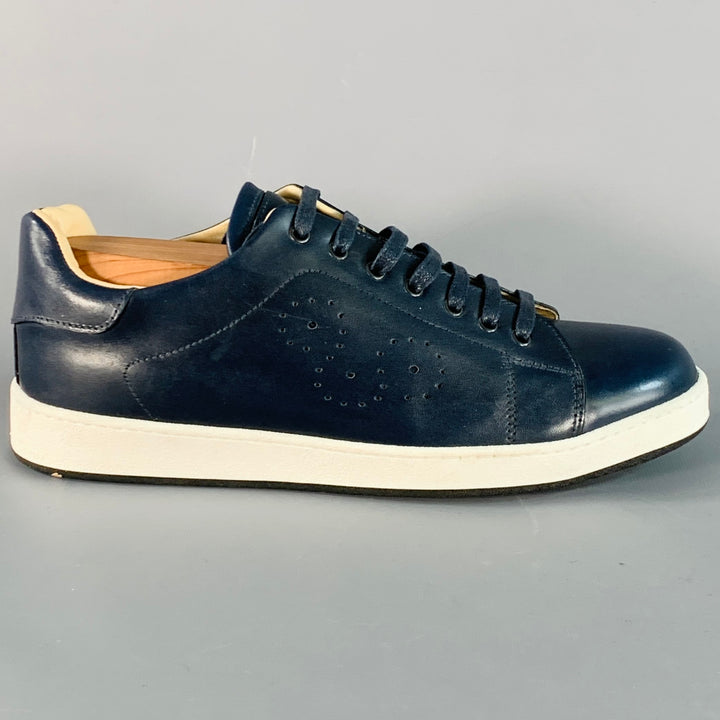 BUGATCHI Size 8 Navy Perforated Leather Low Top Sneakers