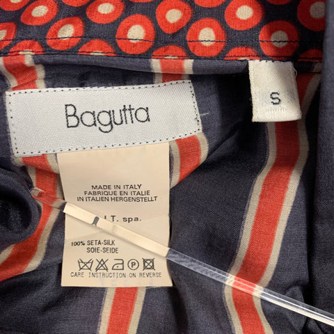 BAGUTTA Size S Black Red Beige Stripe Silk Curved Cutaway Long Sleeve Shirt