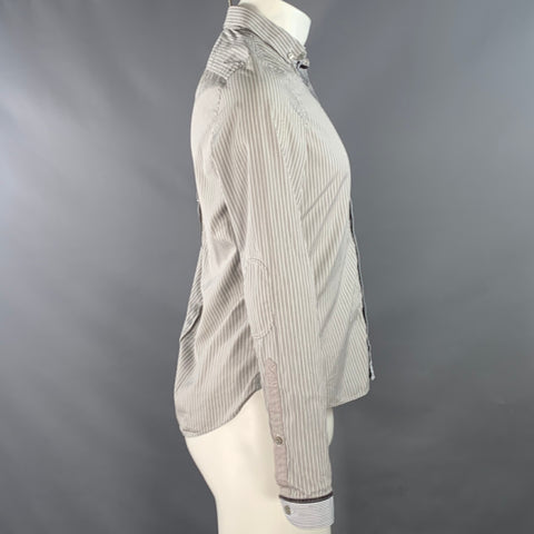 BURBERRY PRORSUM Size S White Grey Stripe Cotton One Pocket Long Sleeve Shirt