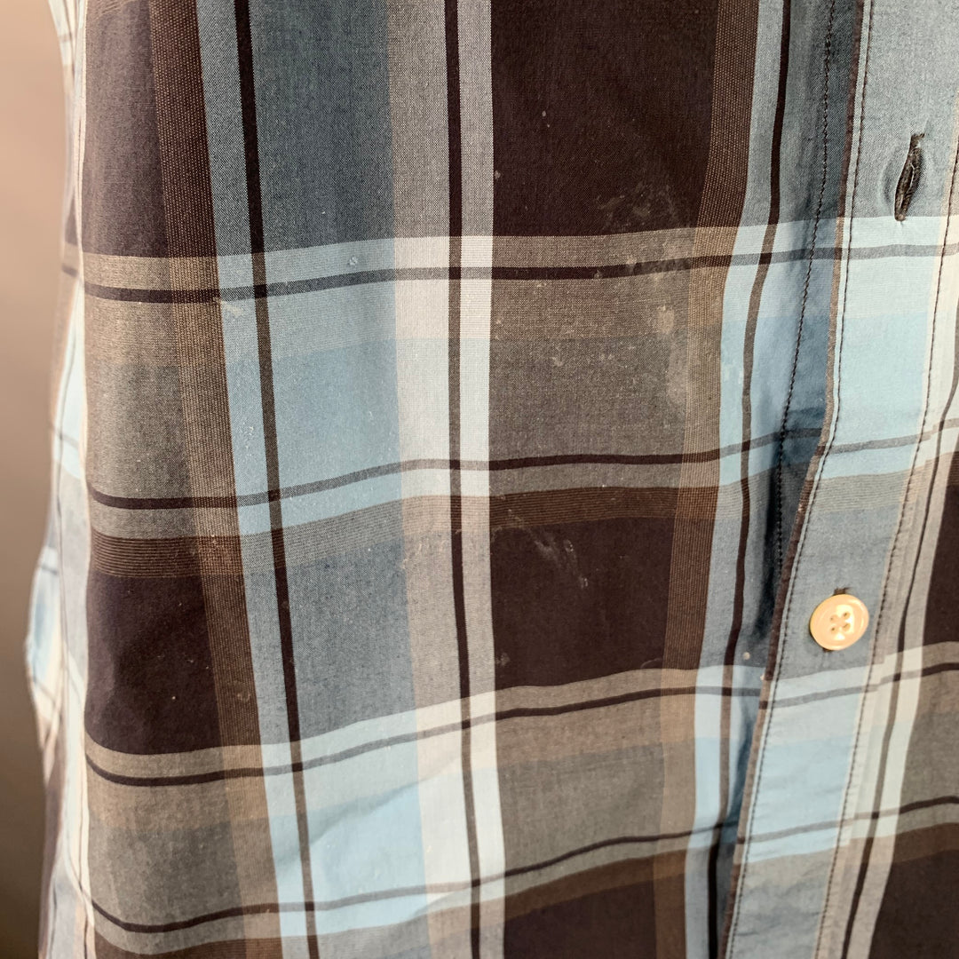 TODD SNYDER Size XL Blue Navy Checkered Cotton One Pocket Short Sleeve Shirt