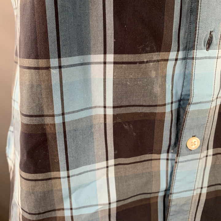 TODD SNYDER Size XL Blue Navy Checkered Cotton One Pocket Short Sleeve Shirt