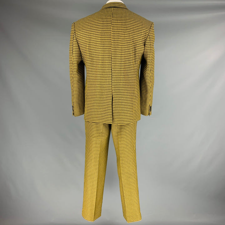 AWAKE Size XL Yellow Black Houndstooth Wool Double Breasted Peak Lapel Suit