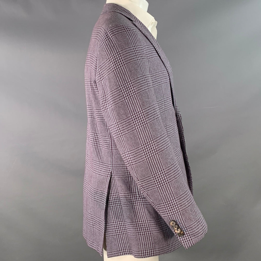ETRO Size 40 Grey Burgundy Glenplaid Silk Cotton Slim Fit Peak Lapel Sport Coat
