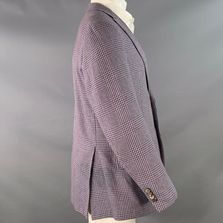 ETRO Size 40 Grey Burgundy Glenplaid Silk Cotton Slim Fit Peak Lapel Sport Coat