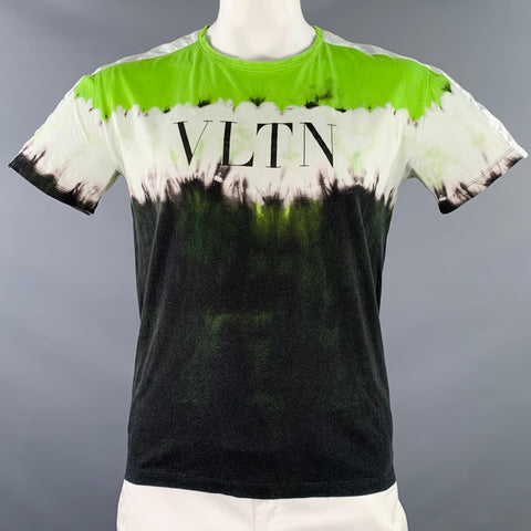 VALENTINO 2020 Size L Green Black White Tie Dye Logo Cotton Crew Neck T-shirt