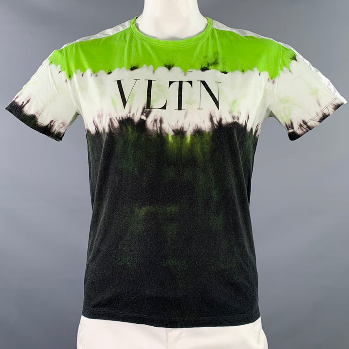 VALENTINO 2020 Size L Green Black White Tie Dye Logo Cotton Crew Neck T-shirt