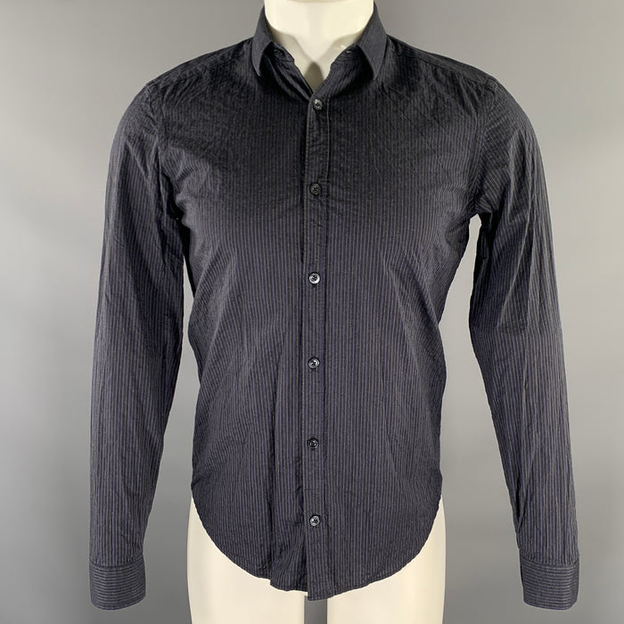 BURBERRY Size S Navy Grey Pinstripe Cotton Long Sleeve Shirt