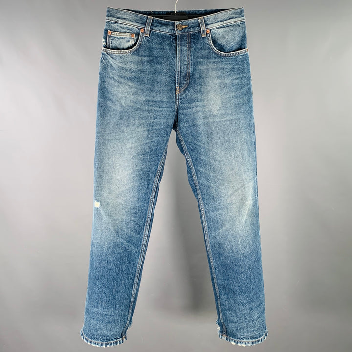 BALENCIAGA Size 31 Indigo Wash Denim Distressed Button Fly Jeans