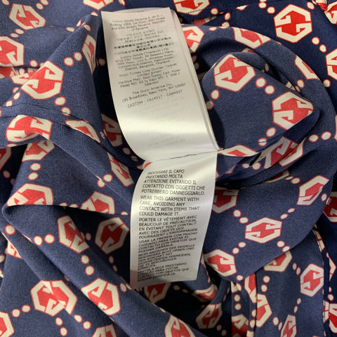GUCCI Size M Navy Red & White Monogram Silk Pop Over Short Sleeve Shirt
