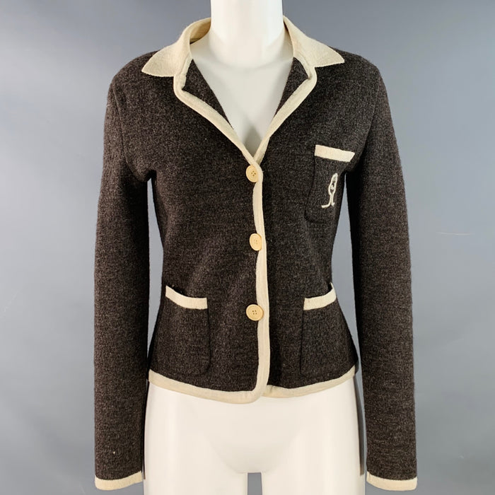 MOSCHINO Vintage Size M Brown Cream Wool Contrast Trim Single Breasted Cardigan