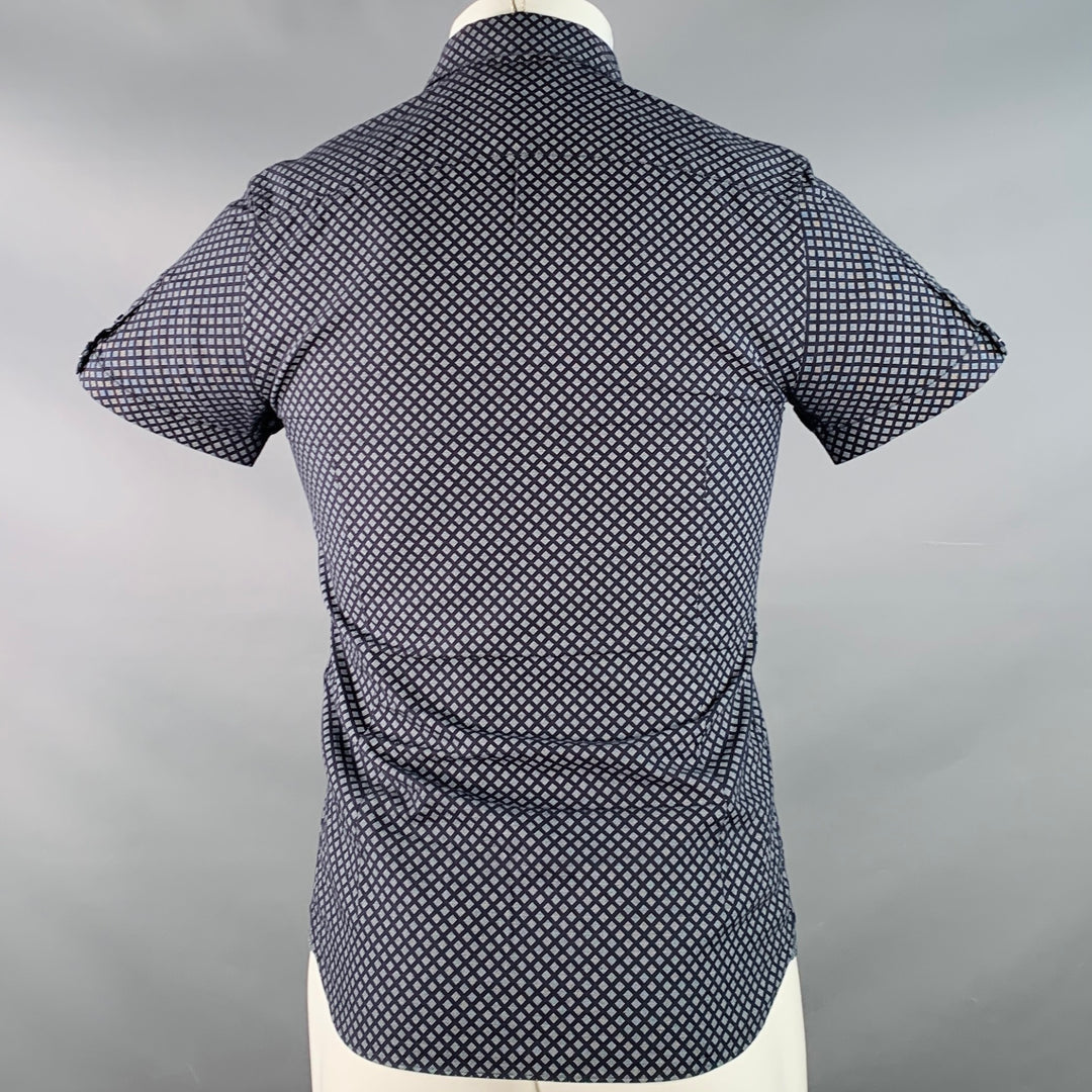 TED BAKER Size XS Foresth Navy Grey Square Dots Cotton Spread Collar Short Sleeve Shirt
