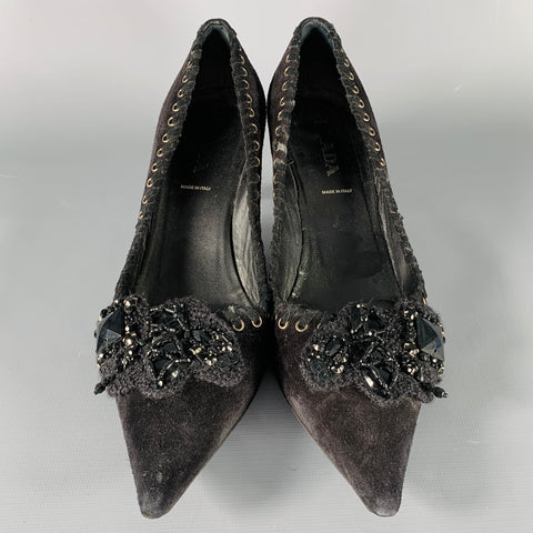 PRADA Size 7.5 Black Suede Beaded Embellishment Heels Pumps