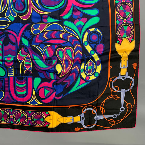 HERMES Black Color Block Horsebit Silk Scarves & Shawls