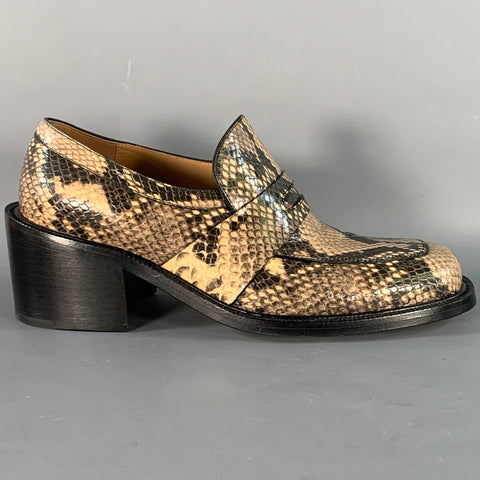 DRIES VAN NOTEN Size 7 Brown Beige Snakeskin Leather Chunky Heel Penny Loafers