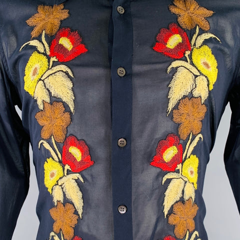 DRIES VAN NOTEN Taille M Chemise à manches longues en coton brodé multicolore noire