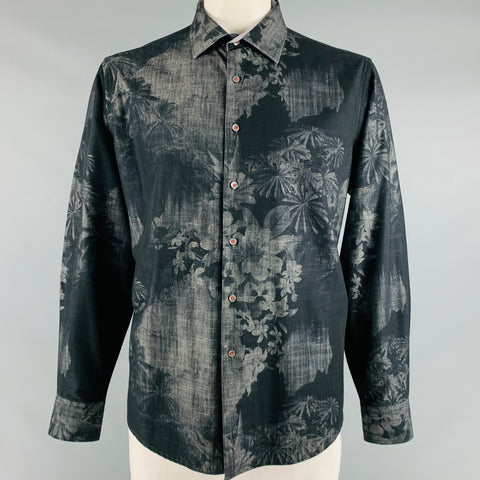 BUGATCHI UOMO Size L Black Grey Palms Cotton Button Up Long Sleeve Shirt