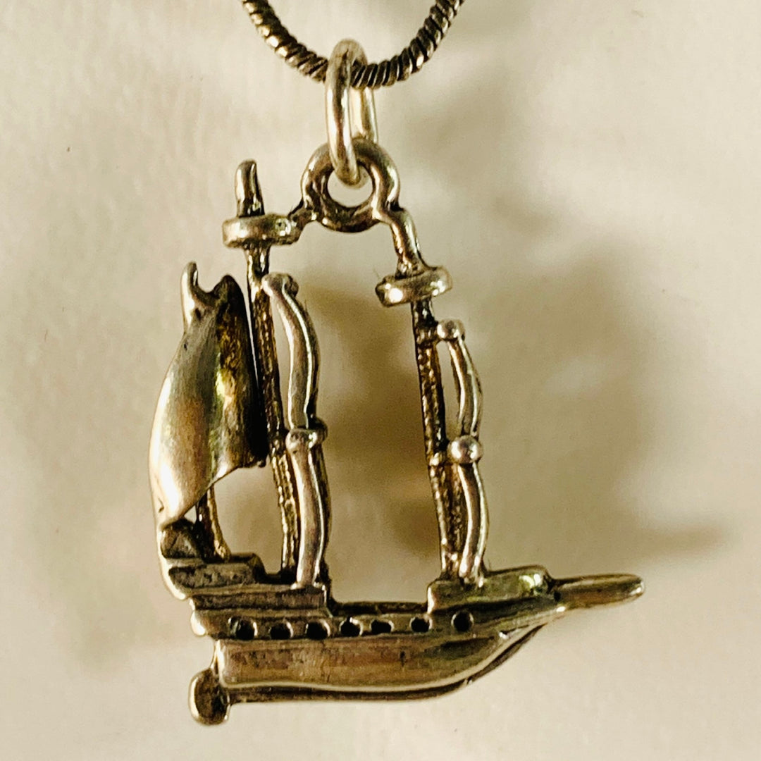 VINTAGE Sterling Silver Ship Pendant Necklace