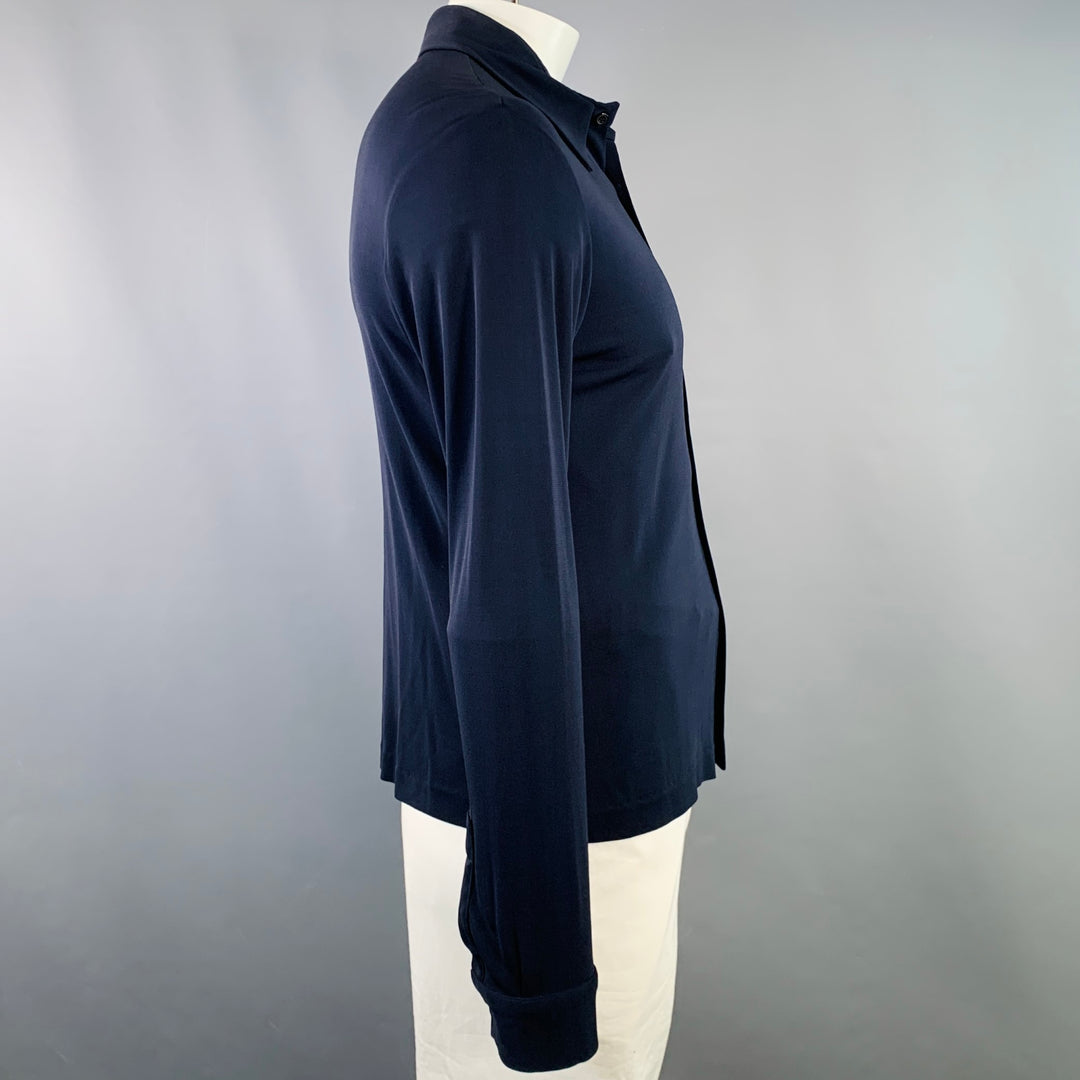 DANIEL CLEARY Size L Navy Rayon Jersey Pointed Collar Long Sleeve Shirt