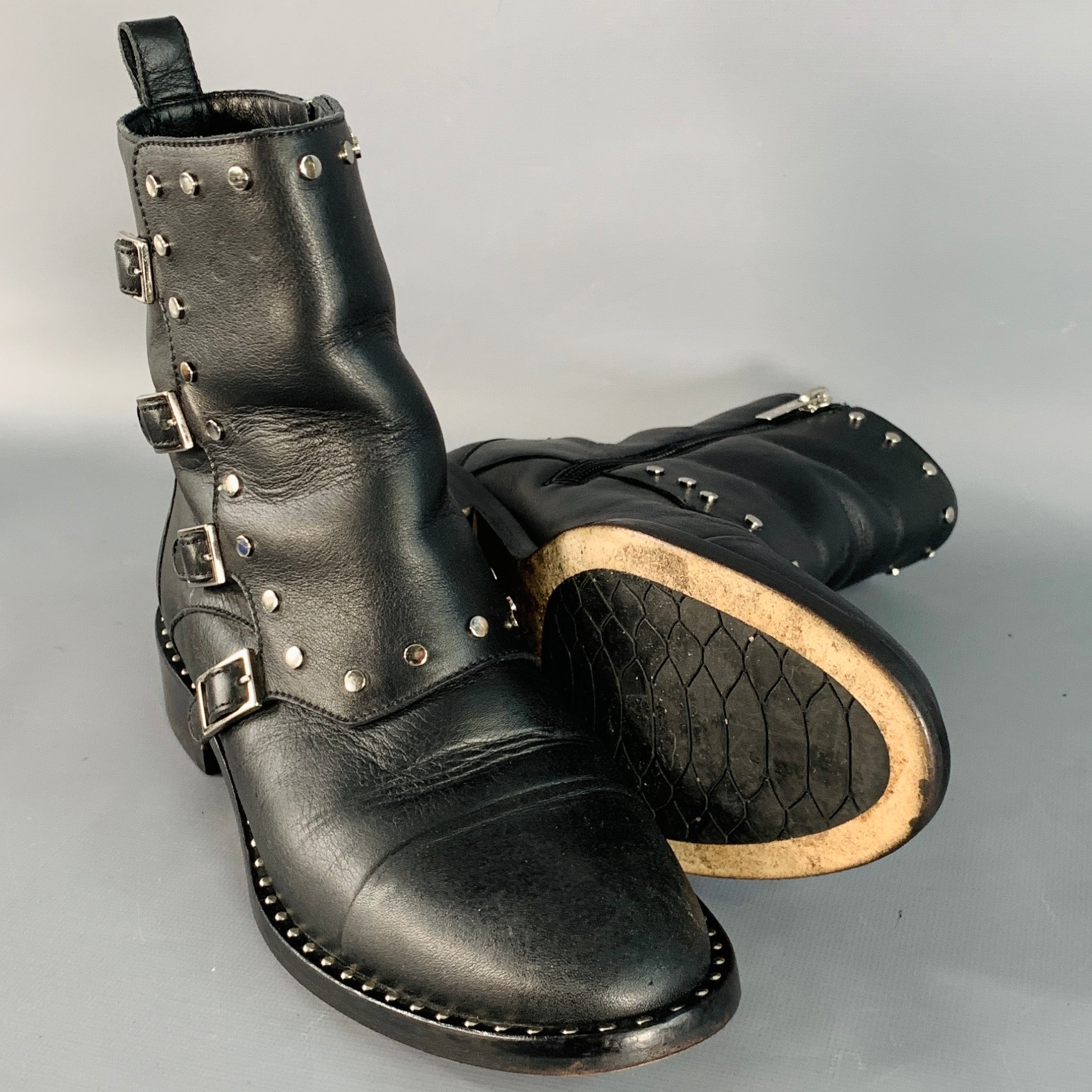 JIMMY CHOO Size 7.5 Black Leather Studded Belted Side Zipper Ankle