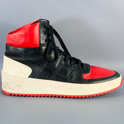 FEAR OF GOD Size 10 Black Red White Color Block Leather High Top Sneakers