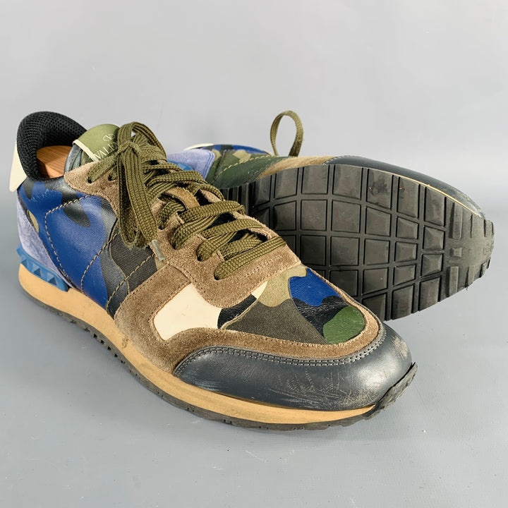 VALENTINO Size 9.5 Blue Taupe Color Block Leather Rubber Sole Sneakers