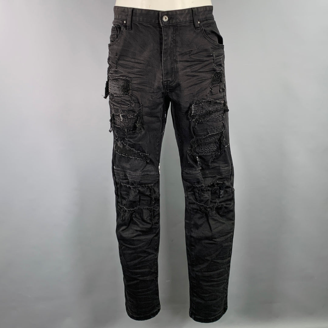 SMOKE RISE Size 40 Black Distressed Cotton Blend Jeans
