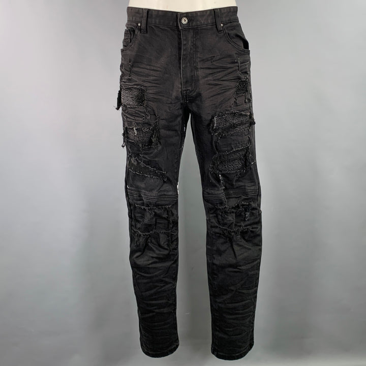SMOKE RISE Size 40 Black Distressed Cotton Blend Jeans