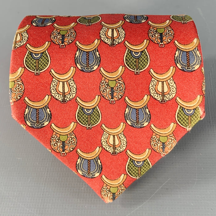 SALVATORE FERRAGAMO Red Multi Color Equestrian Silk Tie
