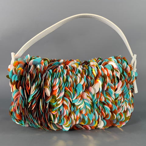 FENDI Rare Multi Color White Sequined Paillettes Leather Baguette Handbag