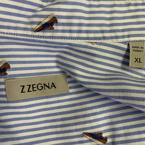 ZEGNA Size XL Blue White Stripe Cotton One Pocket Long Sleeve Shirt