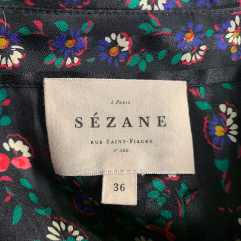 SEZANE Size 4 Black Multi Color Silk Floral Long Sleeve Blouse